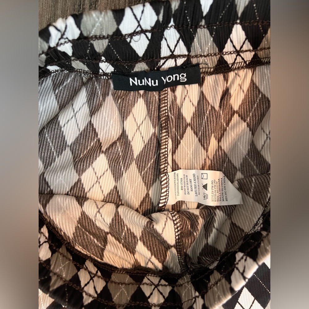 Nunu Yong M Women Brown Argyle Plaid Lounge Pant Wide Leg Drawstring Stretch #68 - Picture 5 of 7